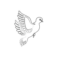 bird flying continuous line drawing, pigeon or dove, tattoo, print for clothes and logo design, silhouette one single line on a white background, isolated vector illustration. 