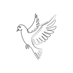 Bird flying continuous line drawing, pigeon or dove, tattoo, print for clothes and logo design, silhouette one single line on a white background, isolated vector illustration. 