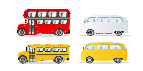 Set of buses isolated on white background. School bus, public transport. Vector.