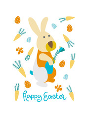 Vector illustration. Colored rabbit among flowers with the inscription Happy Easter. For poster and congratulation..