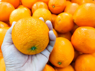 Holding orange from basket at market