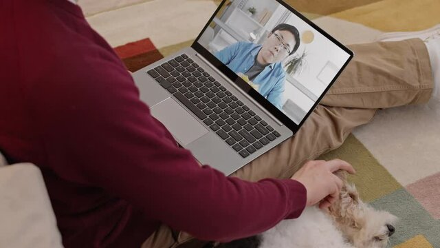 High angle shot of unrecognizable person sitting on floor, watching online video on laptop computer on his knees, petting sleepy Fox Terrier dog lying next to him