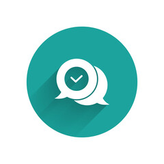 White Check mark in speech bubble icon isolated with long shadow. Security, safety, protection, privacy concept. Tick mark approved. Green circle button. Vector. © Oksana