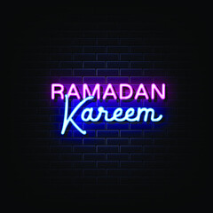 Ramadan kareem vector illustration for the celebration of Muslim community festival. Neon Style