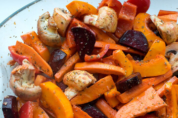 Baked vegetables carrots potatoes beets sweet potatoes mushrooms pepper pumpkin