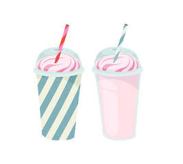 Paper cup with plastic lid and tube.  Ice cream, milkshake. Outline vector illustration on a white background.