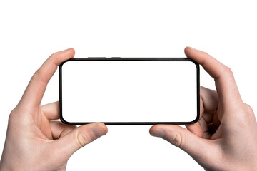 Mock up, mockup.Man hand holding the black smartphone with frame less blank screen and modern...