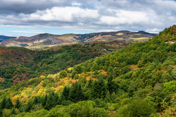 Fototapeta premium View over the valley and mountains in Gourgon, Ardeche, France