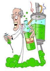 Illustration of a cartoon crazy doctor Holding A Bottle with Green Fluids Vaccine