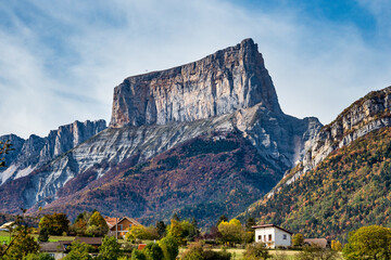 French countryside. Clelles: view of the heights of the Vercors, the marly hills and the valley Val...