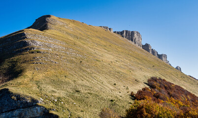 French countryside. Col de la Bataille: view of the heights of the Vercors, the marly hills and the...