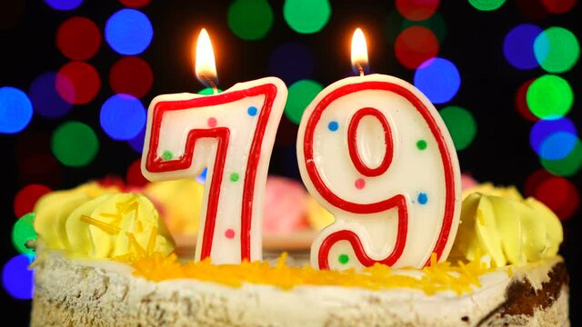 Number 79 Happy Birthday Cake With Burning Candles Topper.