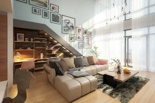 Contemporary Penthouse Mansarde with Stairs - 3d visualization
