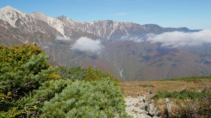 green trees, hill, floating clouds and beautiful mountain view at Hakuba, Japan, early autumn