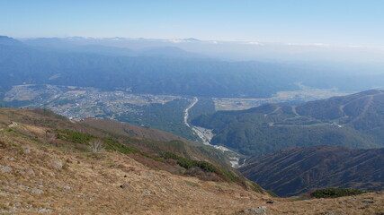 beautiful mountain view and river at Hakuba, Japan, early autumn