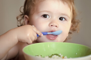 Portrait of cute child, Baby eating, cute child eat.