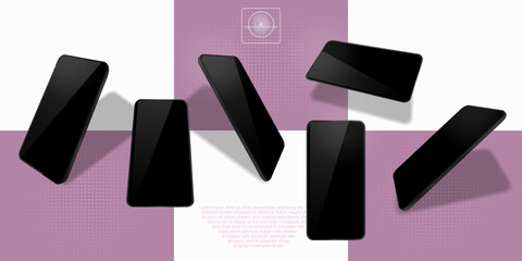 Obraz premium Realistic smartphone mockup set. Frameless smartphone. Smartphone mockup design UI, UX. Smartphone template with blank display from different sides and angles. 3D mobile phone design