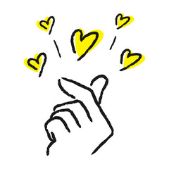 指でハート型を作っている人の手。線のみのイラスト。