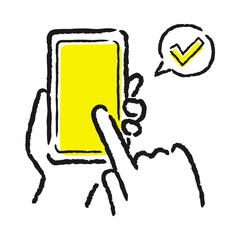 スマートフォンを操作してる人の手。線のみのイラスト。