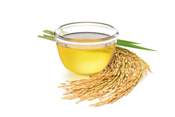 Rice bran oil with rice ears and leaves  isolated on white background.