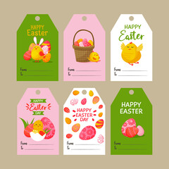 Set of cute Easter tags. Collection of labels with Easter bunny, eggs and chickens Spring templates for your design. Vector illustration