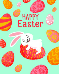 Cute Easter card. Easter eggs, bunny and greetings. Vector illustration. For banners, flyers of the main page of the site