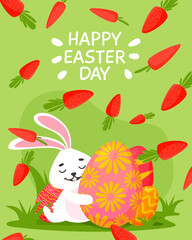 Obraz premium Cute Easter card. Easter eggs, bunny grass and greetings. Vector illustration. For banners, flyers of the main page of the site