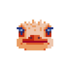 Ostrich head pixel art icon. Stickers design. Isolated vector illustration.