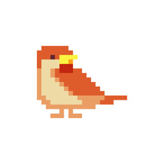 Sparrow icon. Pixel art character. Sticker design. Game assets. 8-bit. Isolated abstract vector illustration.