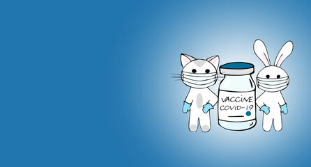 Cat and bunny in medical masks and gloves and covid vaccine, medical workers are ready to be vaccinated.
