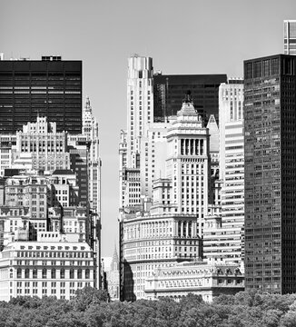 Black and white picture of Manhattan diverse architecture, New York City, US.