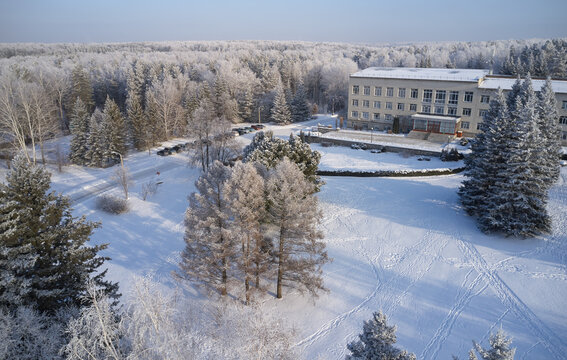 Aerial photo panorama of Central Siberian botanical garden in winter season.