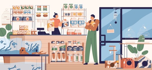 Naklejka na ściany i meble People in pet store buying food for dog. Buyer and seller inside zoo shop with toys, feed and other products for animals. Colored flat vector illustration of modern petshop interior