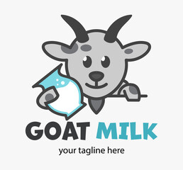 Funny Cute goat holds a milk. Healing natural dairy sign. Design for print, emblem, t-shirt, party decoration, sticker, logotype.