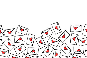 Vector poster, Mountain of love letters for backdrop to the day of St. Valentine. Seamless pattern of Envelopes with red hearts in the doodle style. Lots of valentines for you