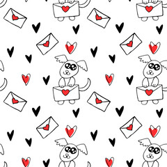 Vector Seamless pattern. Cute contour little dog with love letter and hearts. Hand drawn doodle. Background and texture on theme of Valentine's Day, sending and receiving post, confessions of feelings
