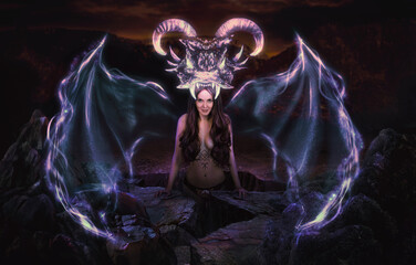 Naklejka premium Dragon born woman witch magic in rocks