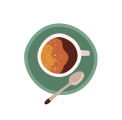 Top view of cup with saucer and tea spoon. Coffee break icon. Colored flat vector illustration of americano or espresso with foam isolated on white background