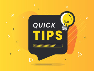 Quick Tips badge with light bulb on speech bubble. Trendy flat vector illustration. 