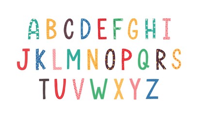 Colorful Latin letters of English alphabet for kids education. ABC font in cute doodle scandinavian style. Colored flat vector illustration isolated on white background