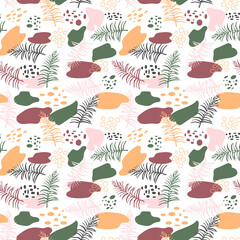 Vector Abstract seamless pattern with green, beige and grey branches and stains. Ideal for prints, greetings, textile, wrapping paper, cover design.