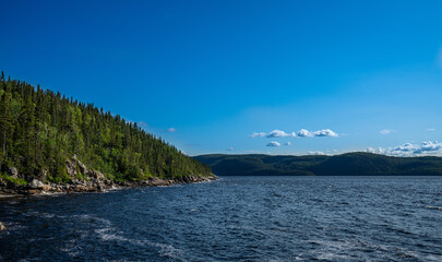 Rocks and huge and green trees flowing into the Fjord du Saguenay in Quebec Province during a windy day. 