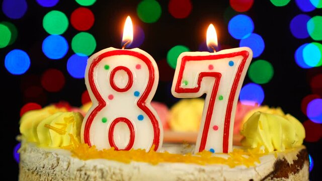 Number 87 Happy Birthday Cake With Burning Candles Topper.