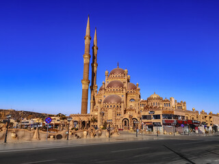 Sharm El Sheikh, Egypt - January 17, 2020: Cityscape of the Old Market with the Al Sahaba Mosque in Sharm El Sheikh. Beautiful modern mosque among shops in an Egyptian resort town