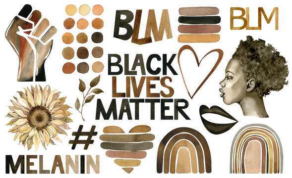 Watercolor Black Lives Matter Clipart. Hand, woman, sunflower, hearts, rainbow, sports, stripes, leaves.