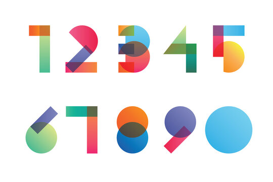 Colorful gradient overlapping transparent shapes numerals from 1 to 0
