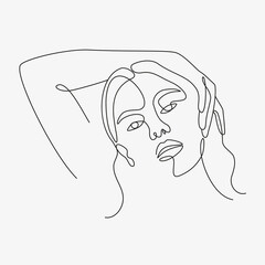Woman head vector lineart illustration. One Line style drawing. 
