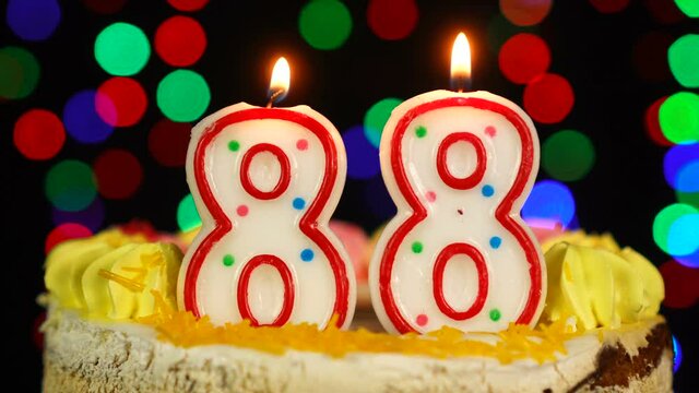 Number 88 Happy Birthday Cake With Burning Candles Topper.