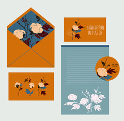 A set to send by mail. An envelope, postcard, business card, sticker, sheet for writing. Blue and yellow color