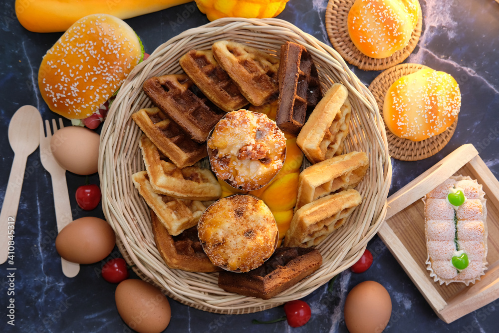 Canvas Prints Top view pastry and bakery on table background, homemade and  healthy food